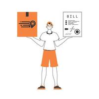 A man holds a parcel and a check in his hands. Delivery concept. Linear modern style. Isolated on white background. illustration. vector