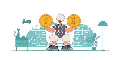 A man is holding a coin of bitcoin and dollar. Cryptocurrency concept. vector