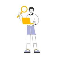 A man holds a magnifying glass and a laptop in his hands. Job Search Theme. H.R. Linear modern style. Isolated. Vector. vector