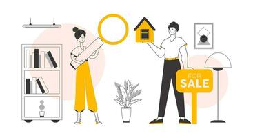Realtor team. The concept of searching, buying and selling real estate. Linear trendy style. Vector. vector