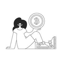 Charming woman holding a bitcoin coin. Linear black and white style. vector