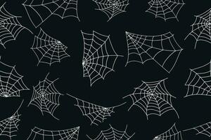 Halloween spider web seamless pattern. Black background and white cobweb. Seamless vector background.