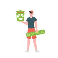 The guy is depicted in full growth and holds an urn in his hands. The concept of ecology and recycling. Isolated. Trendy character style. Vetcor. vector