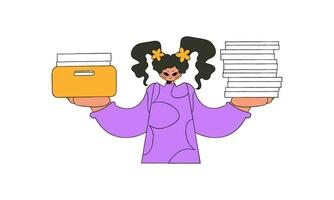 A cultured woman is holding a stack of documents in her hands. vector