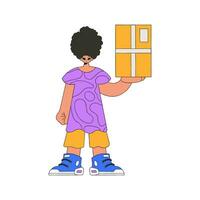 Delightful man holding a box. Understanding the process of parcel and cargo delivery. vector