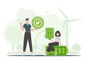 Boy and girl and solar panel. Green energy concept. Vector illustration.