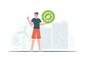 The concept of green energy and ecology. A man holds the ECO logo in his hands. Vector trend illustration.