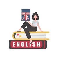 un mujer se sienta en libros y sostiene un Inglés diccionario en su manos. el concepto de aprendizaje inglés. aislado. plano moderno estilo. vector ilustración.