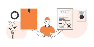 The guy holds a parcel and a check in his hands. The concept of the delivery of goods and parcels. Linear style. vector