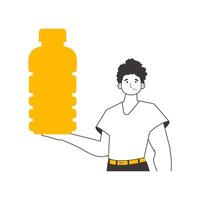 The man is holding a bottle in his hand. Linear style. Isolated on white background. Vector illustration.