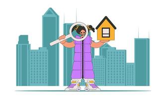 The concept of home ownership. Real estate realtor girl holding a house in her hands. vector