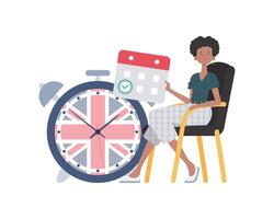 Girl, a calendar with a marked date and a clock. The concept of learning English. Isolated. Flat modern style. . vector
