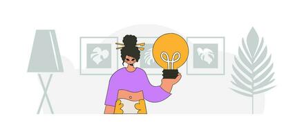 An elegant girl is holding a light bulb. Illustration on the theme of the appearance of an idea. vector