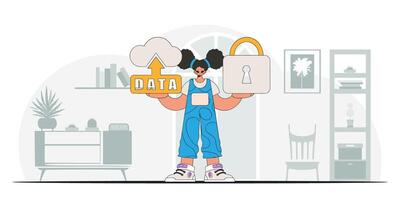 Girl using modern tech, with cloud storage and a padlock icon, presented in a vector character style.