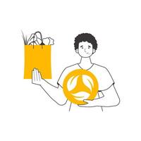 Guy, package with groceries and eco logo. The concept of reasonable consumption. Linear style. Isolated on white background. illustration. vector