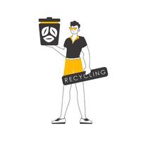 A man is holding a trash can. The concept of recycling plastic and waste. Lineart style. Isolated on white background. illustration. vector