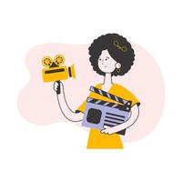 Girl blogger. The concept of social networking. Line art trendy style. Isolated on white background. illustration. vector