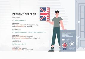 presente Perfecto. regla para el estudiar de tiempos verbales en inglés. el concepto de aprendizaje inglés. plano personaje moderno estilo. ilustración en vector. vector