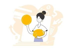 The girl is holding a coin and a piggy bank in her hands. The theme of saving money. Linear style. vector