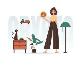 The concept of mining and extraction of bitcoin. A woman holds a bitcoin coin in her hands. Character in trendy style. vector