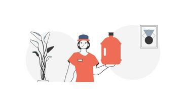 Loader with a large bottle of water in his hands. Water delivery concept. Linear trendy style. vector