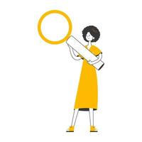 The woman is holding a magnifying glass in her hands. Minimalistic linear style. Isolated. Vector illustration.