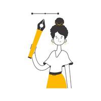 The girl designer holds a pen tool for 2D graphics in her hand. Linear trendy style. Isolated on white background. illustration. vector