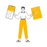 A man holds a calculator and a tax form in his hands. Minimalistic linear style. Isolated. Vector illustration.