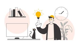 Man and light bulb. Idea concept. Vector illustration. Line art style.