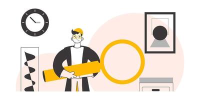 The guy is holding a magnifying glass in his hands. Minimalistic linear style. Vector illustration.