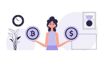 The concept of mining and extraction of bitcoin. A woman holds a bitcoin and a dollar in her hands. Character in trendy style. vector