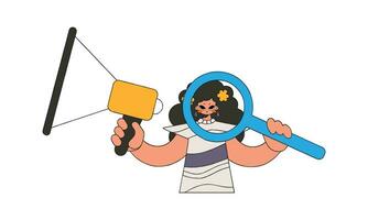 A woman with a megaphone, symbolizing the search for people in the labor market. The sphere of human resources. vector