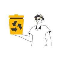 The guy is holding a trash can. Waste recycling concept. Lineart trendy style. Isolated on white background. illustration. vector