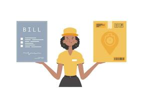 A woman courier is holding a box and a check. Home delivery concept. Isolated. Cartoon style. Vector. vector