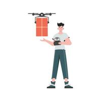 The concept of cargo delivery by air. A man controls a drone with a package. Isolated. trendy style. Vector illustration.