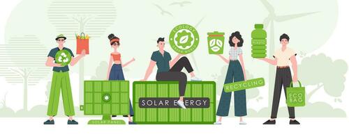 Caring for the environment. ECO friendly People. Fashion characters. Vector illustration.