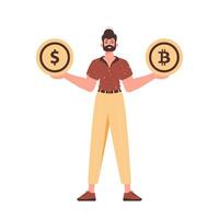 A man holds a bitcoin and a dollar in his hands. Character with a modern style. vector
