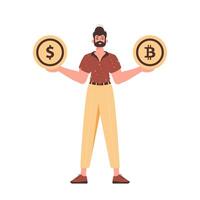 A man holds a bitcoin and a dollar in his hands. Character with a modern style. vector