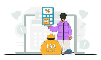 un elegante hombre sostiene un calculadora en su mano gráfico ilustración en el tema de impuesto pagos vector