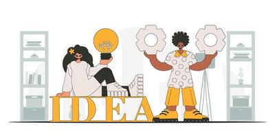 A chic team generates ideas and solves problems. Light bulb and gears in their hands. Illustration on the theme of the appearance of an idea. vector