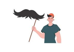 The guy is holding his mustache on a stick. trendy style. Isolated on white background. Vector illustration.