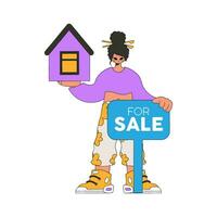 Girl realtor holds a house in her hands. House ownership. vector