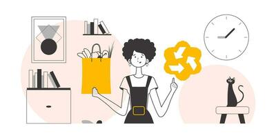 The concept of reasonable consumption. Girl, package with products and eco logo. Linear style. vector