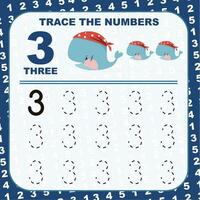 Trace and write number for children. Exercise for children to recognize the number. Educational worksheet for preschool. Vector file.