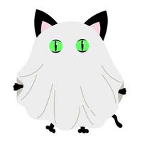 contento Víspera de Todos los Santos pegatina con linda negro gato vestido como un fantasma. fiesta clipart vector