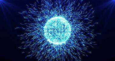 Bright energy blue sphere of particles and growing bright bunch of optical fibers. Abstract futuristic background video