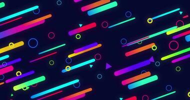 Animation multi-colored shapes that move up streaming across the screen. Flat animation with triangles, circles and rectangles different size. Abstract background with neon moving figures. video