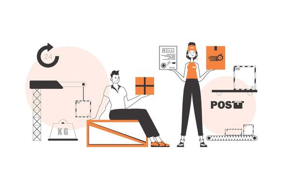 Guy and girl delivers cargo and parcels. Linear trendy style. vector