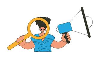 A man with a megaphone, symbolizing the search for people in the labor market. Attracting workers. vector