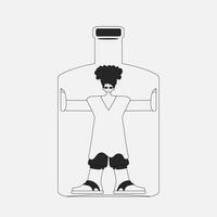 Alcohol addiction. charming man is in the bottle. Newspaper black and white style. vector